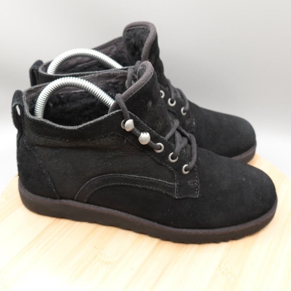 UGG Boots Women 8 Black Suede Bethany Lace Up Sheepskin Booties 1012532 Flaw - Picture 6 of 12